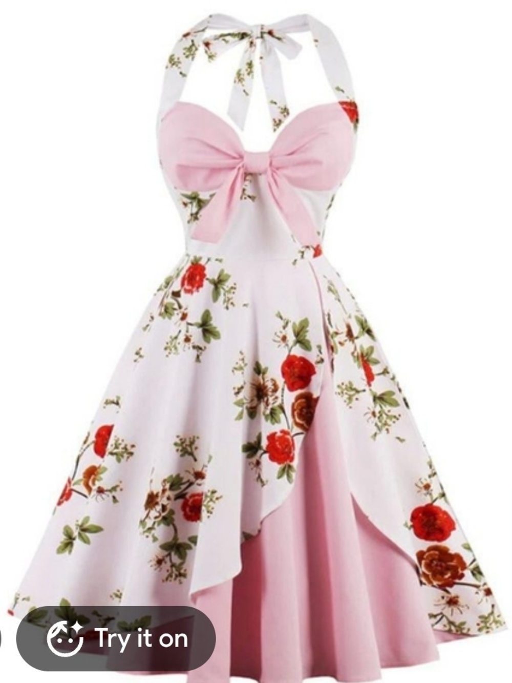 Pink Floral Halter Midi Dress with Bow